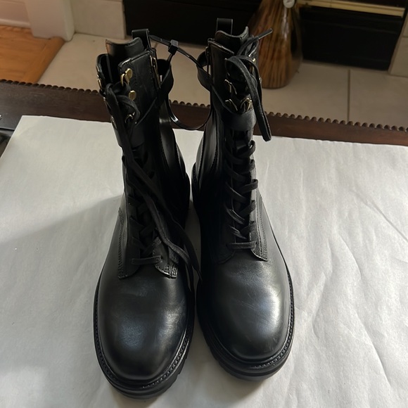 Antonio Melani Black Dylan Buckle Leather Lug Sole Combat Booties. - Picture 5 of 15